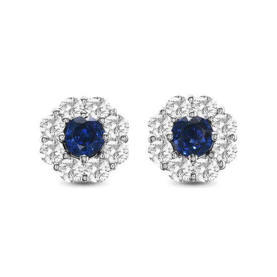 Ohrringe mit rundem blauem Saphir und Diamant-Halo