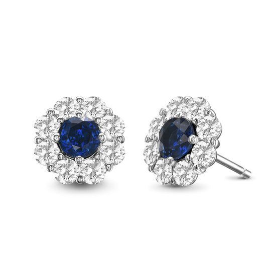 Round Blue Sapphire and Diamond Halo Earrings