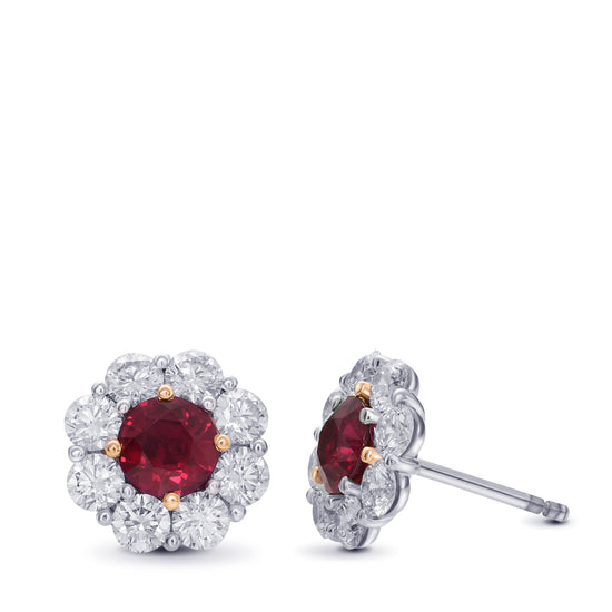 Mozambique Pigeon Blood Ruby & Diamond Floral Halo Earrings