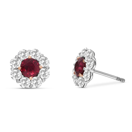 Mozambique Pigeon Blood Ruby & Diamond Floral Halo Earrings