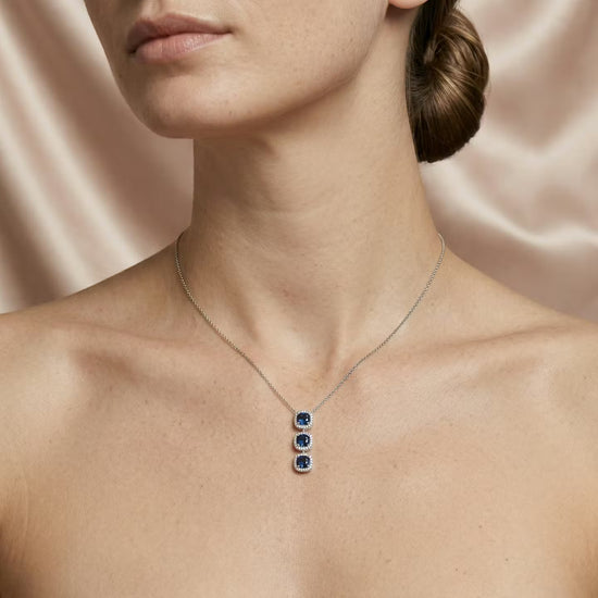 Blue Sapphire Cushion and Diamond 3 Stone Drop Halo Pendant