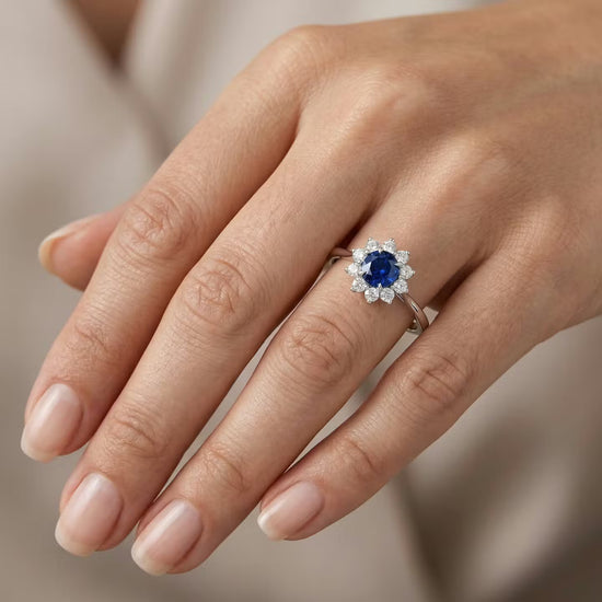 Round Blue Sapphire & Diamond Halo Ring