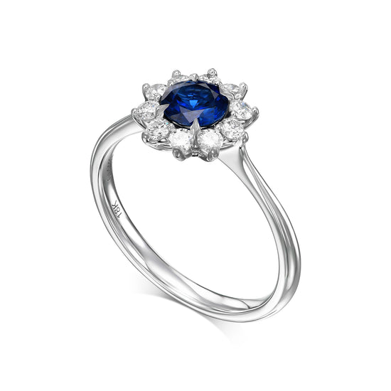 Round Blue Sapphire & Diamond Halo Ring