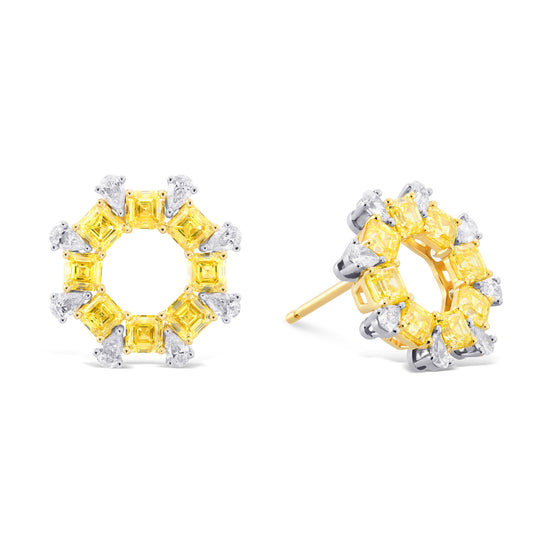 Fancy Intense Yellow Asscher and Pear Diamond Earrings.