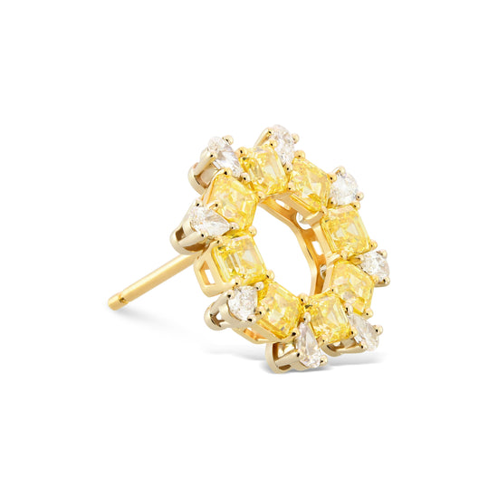 Fancy Intense Yellow Asscher and Pear Diamond Earrings.