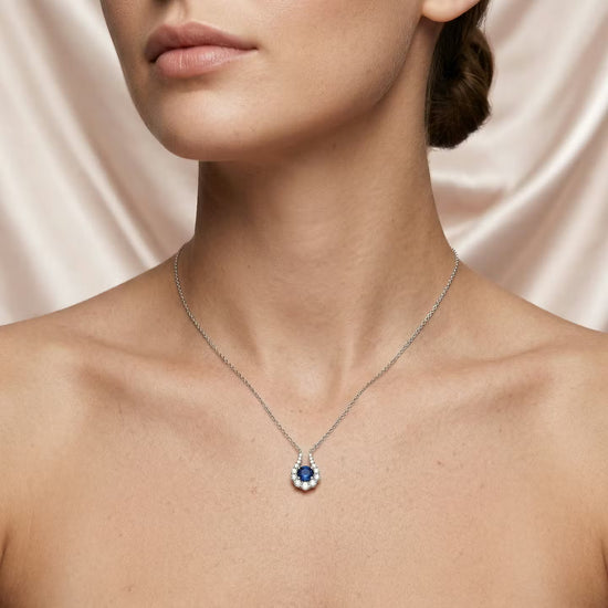 Round Blue Sapphire and Diamond Halo Pendant