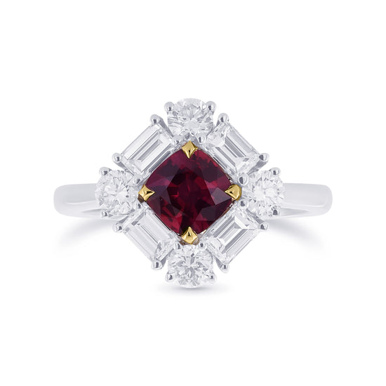 Cushion Red Ruby and Diamond Halo Ring