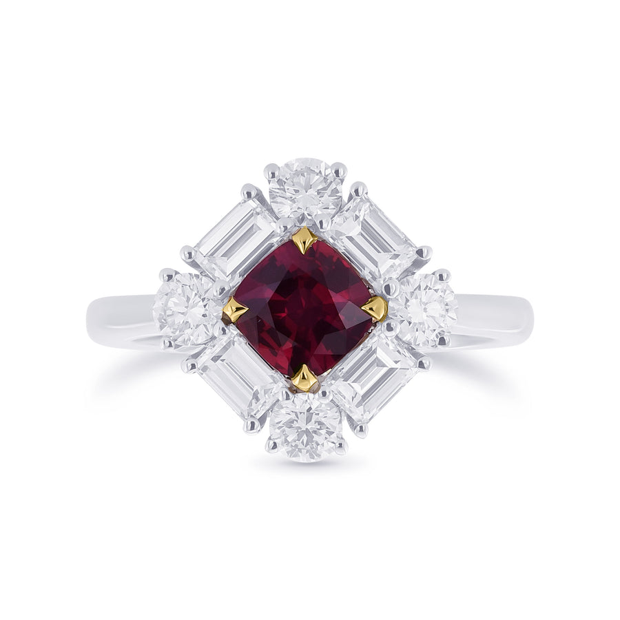 Cushion Red Ruby and Diamond Halo Ring