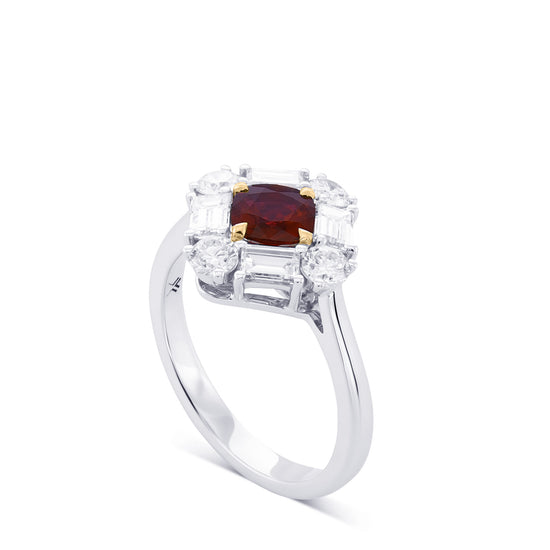 Cushion Red Ruby and Diamond Halo Ring