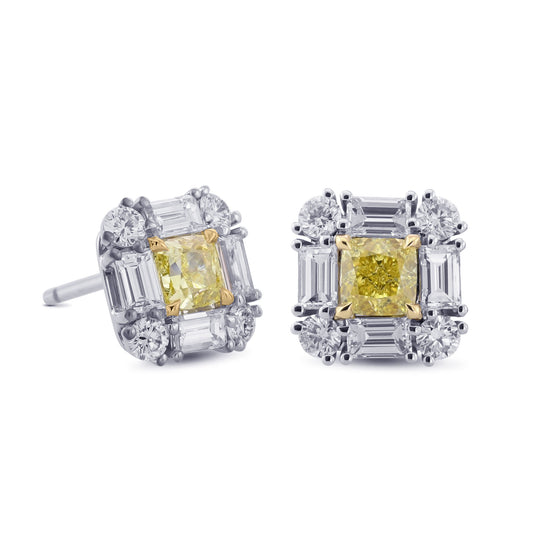 Extraordinary Cushion Fancy Intense Yellow Diamond Halo Stud Earrings