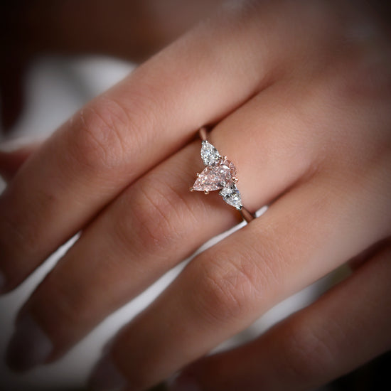 Fancy Light Pink Brown Pear 3 Stones Diamond Ring