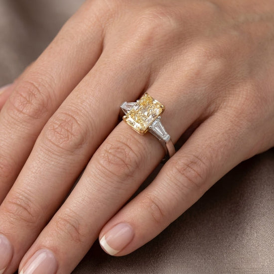 Light Yellow Radiant 3 Stone Diamond Ring