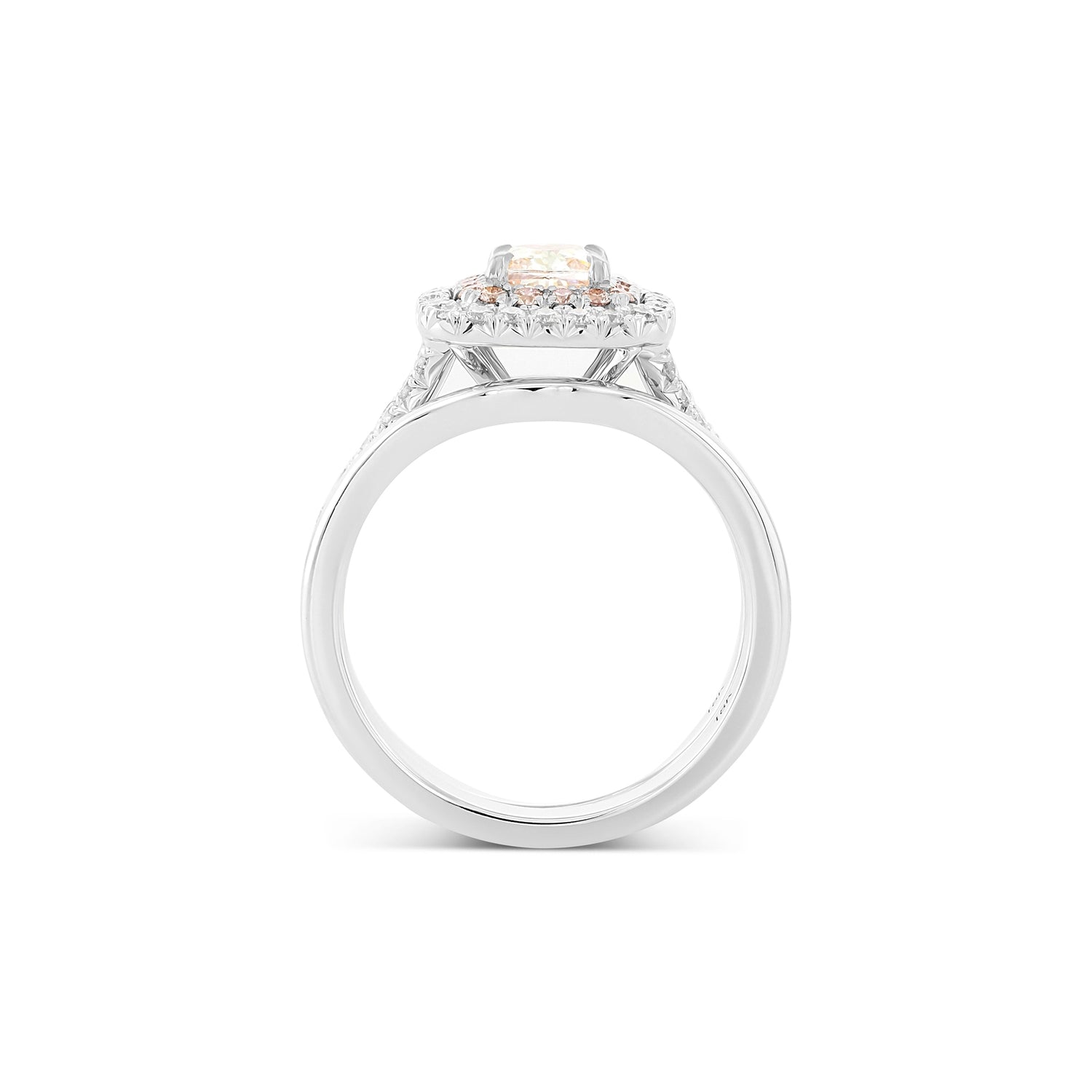 Very Light Pink Cushion Double Halo Diamond Ring & Wedding Band