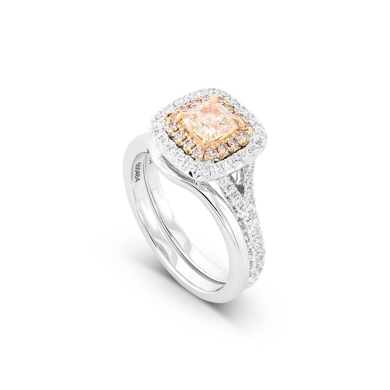 Very Light Pink Cushion Double Halo Diamond Ring & Wedding Band