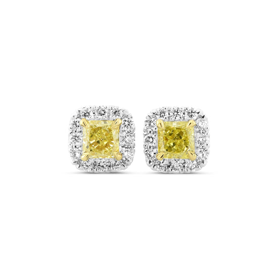 Fancy Yellow Radiant Halo Diamond  Earrings