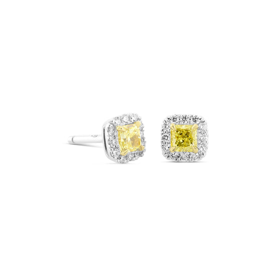 Fancy Yellow Radiant Halo Diamond  Earrings