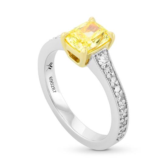 Fancy Intense Yellow Cushion Diamond Side-stone Ring