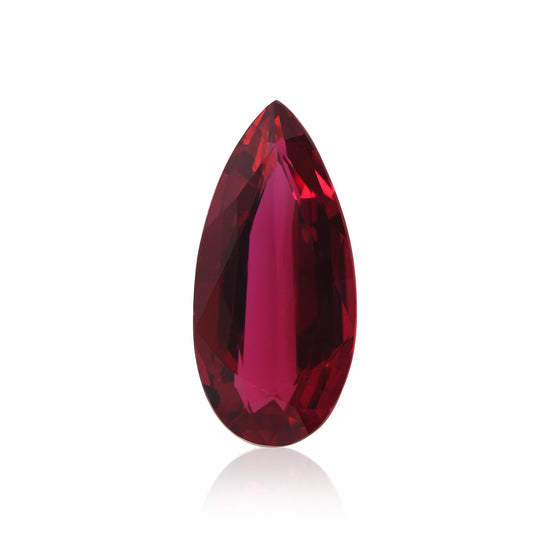 7.96 قيراط من الياقوت الأحمر من موزمبيق على شكل كمثرى، تصنيف GRS، لون "دم الحمام"، أحمر زاهي