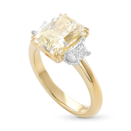 Light Yellow W-X color Radiant Diamond 3 Stone Ring
