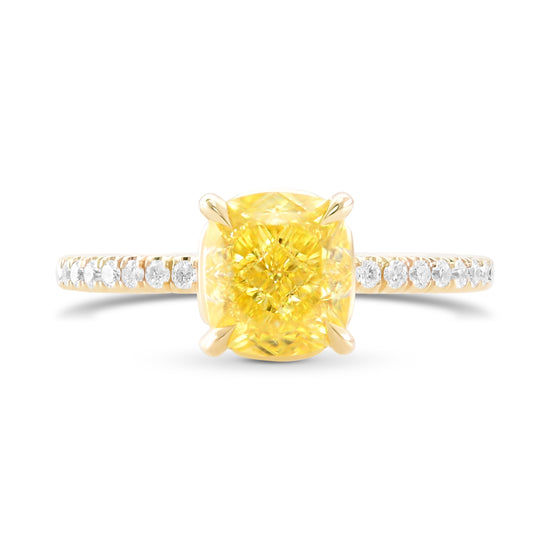 Fancy Intense Yellow Cushion Diamond Side Stone Ring