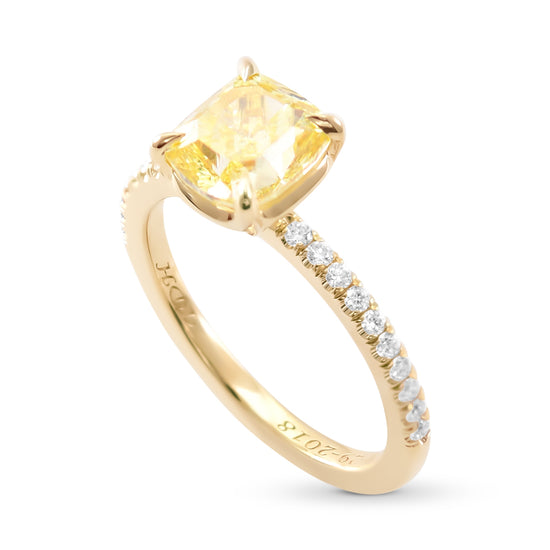 Fancy Intense Yellow Cushion Diamond Side Stone Ring