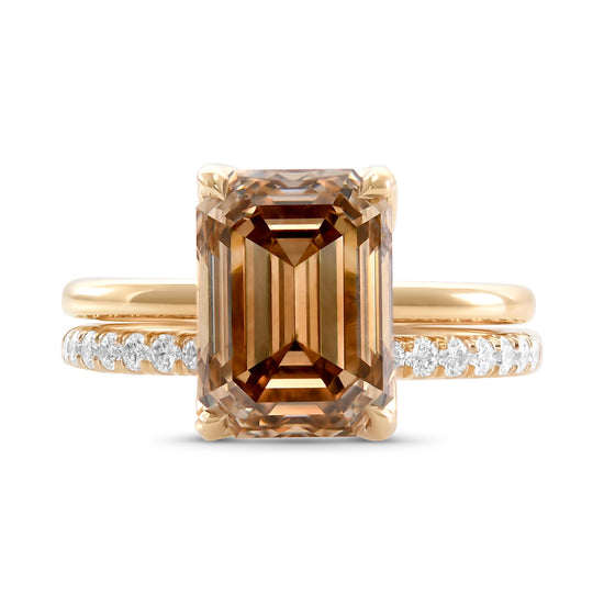 Fancy Dark Orangey Brown Emerald Solitaire Diamond Ring and Diamond Wedding Band Set