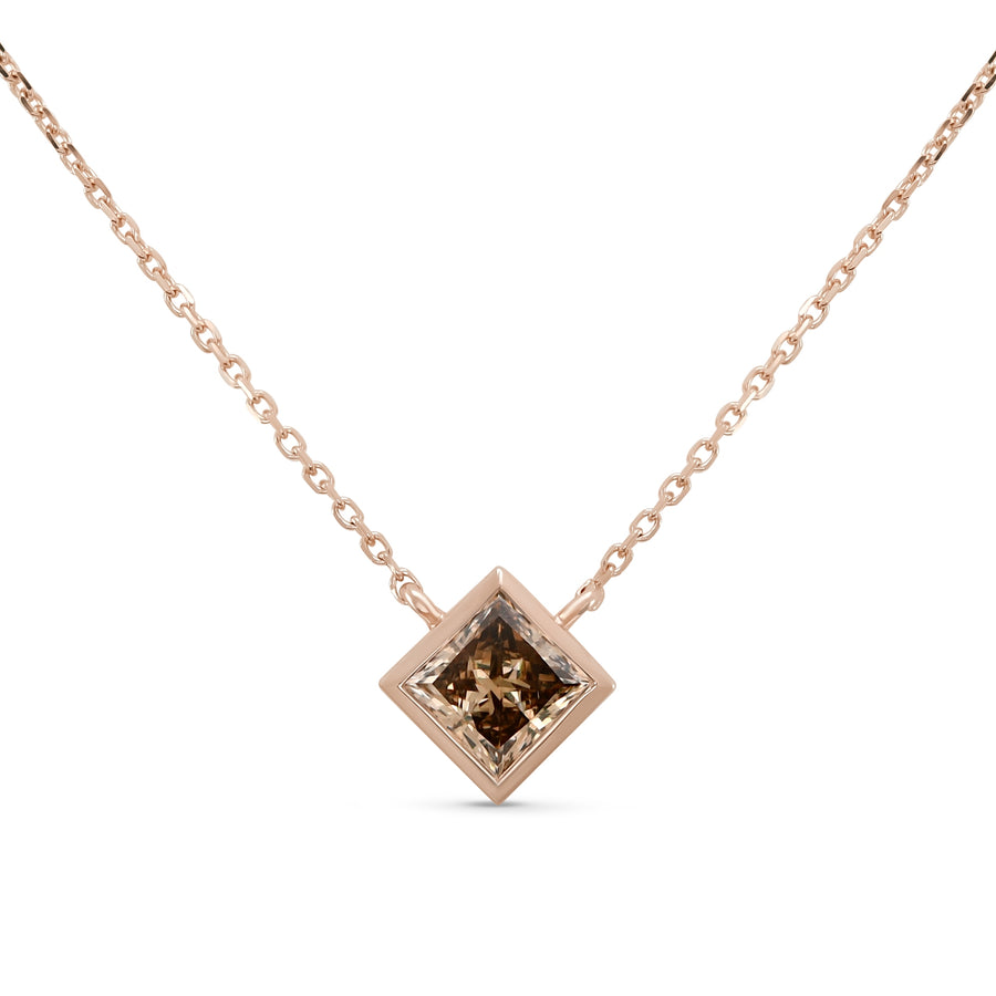 Fancy Yellow Brown Princess Bezel Solitaire Diamond Pendant
