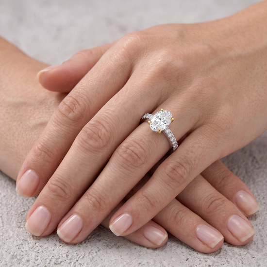 Fancy White Oval Diamond Solitaire Pave Side-stone Ring