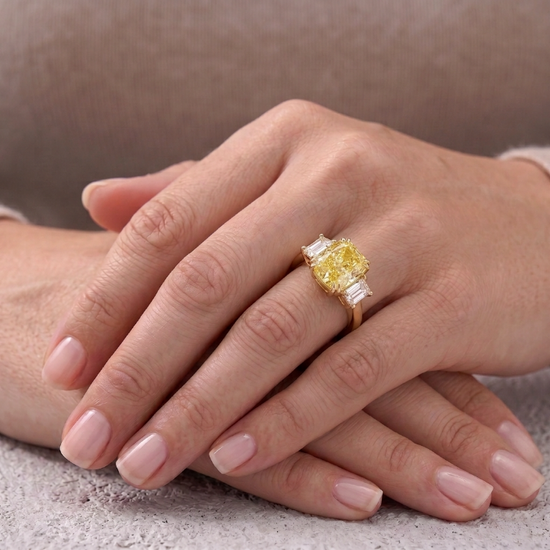 Fancy Yellow Cushion Diamond Three-stone Ring