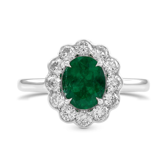 Oval Emerald Scalloped Diamond Halo Ring