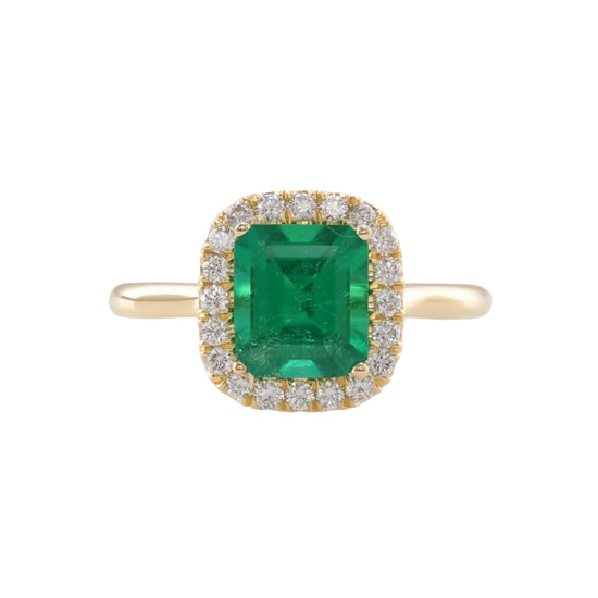 Vivid Green Emerald Halo Diamond Ring
