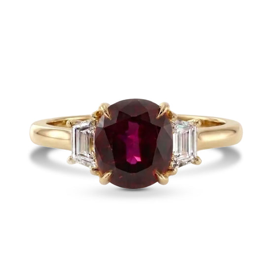 Vivid Red Oval Ruby & Diamond Three-stone Ring
