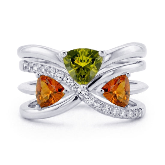 Yellow Oval Sapphire, Green and Orange Triangle Tourmaline and Diamond Crossover Rings