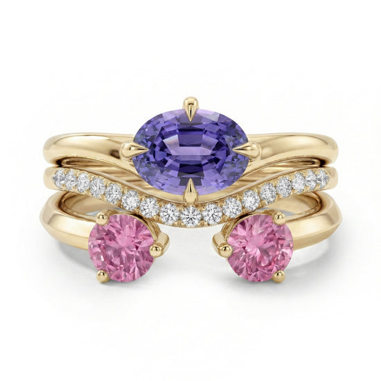 Tansanit-, Pinkfarbene Saphir- und Diamant-Trio-Stapelringe