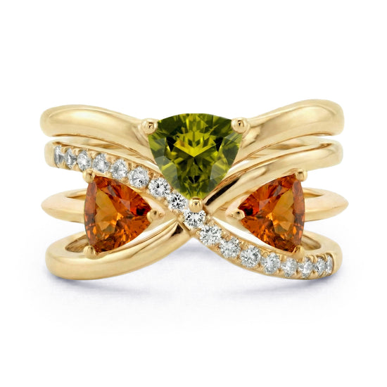 Yellow Oval Sapphire, Green and Orange Triangle Tourmaline and Diamond Crossover Rings