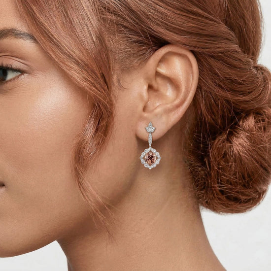 18K White and Rose Gold Fancy Brown Drop Halo Earrings