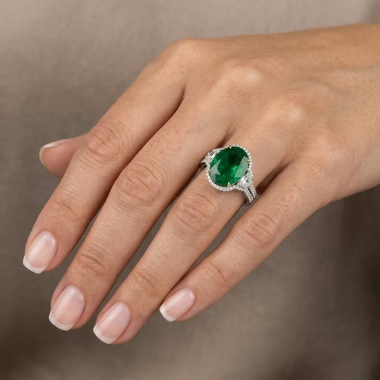 Muzo Emerald & Cadillac Diamond Three-Stone Halo Ring
