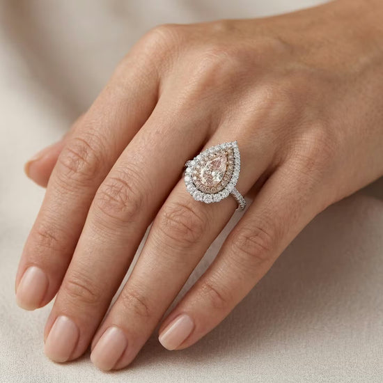 Light Pinkish Brown Pear Diamond Double Halo Ring