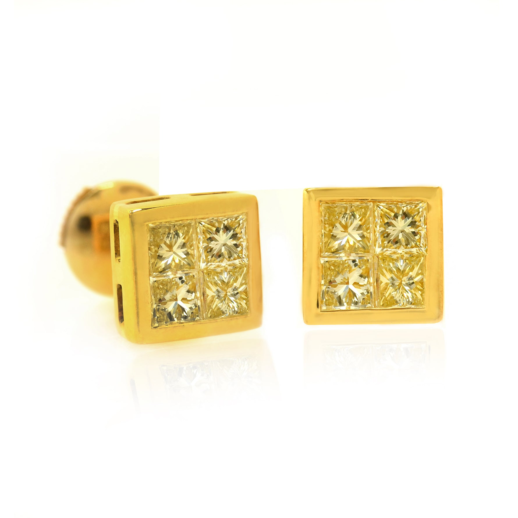 Natural Light Yellow Princess Cut Bezel Stud Earrings set in 18K Yellow Gold