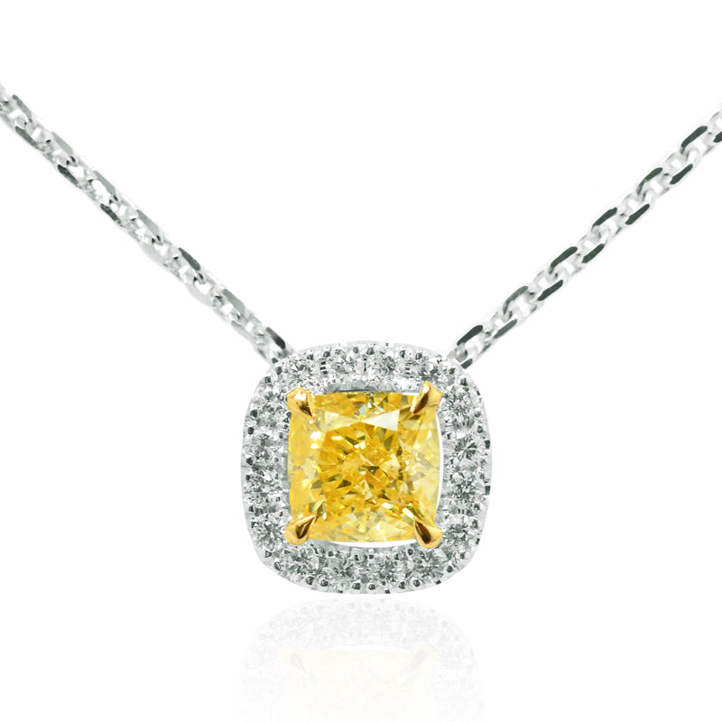 Fancy Intense Yellow Cushion Diamond Halo Pendant