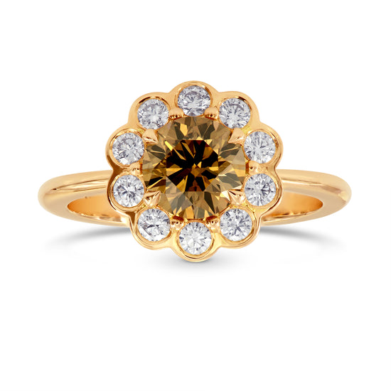 Fancy Dark Orange Brown Round Diamond Floral Halo Ring - Praline Collection