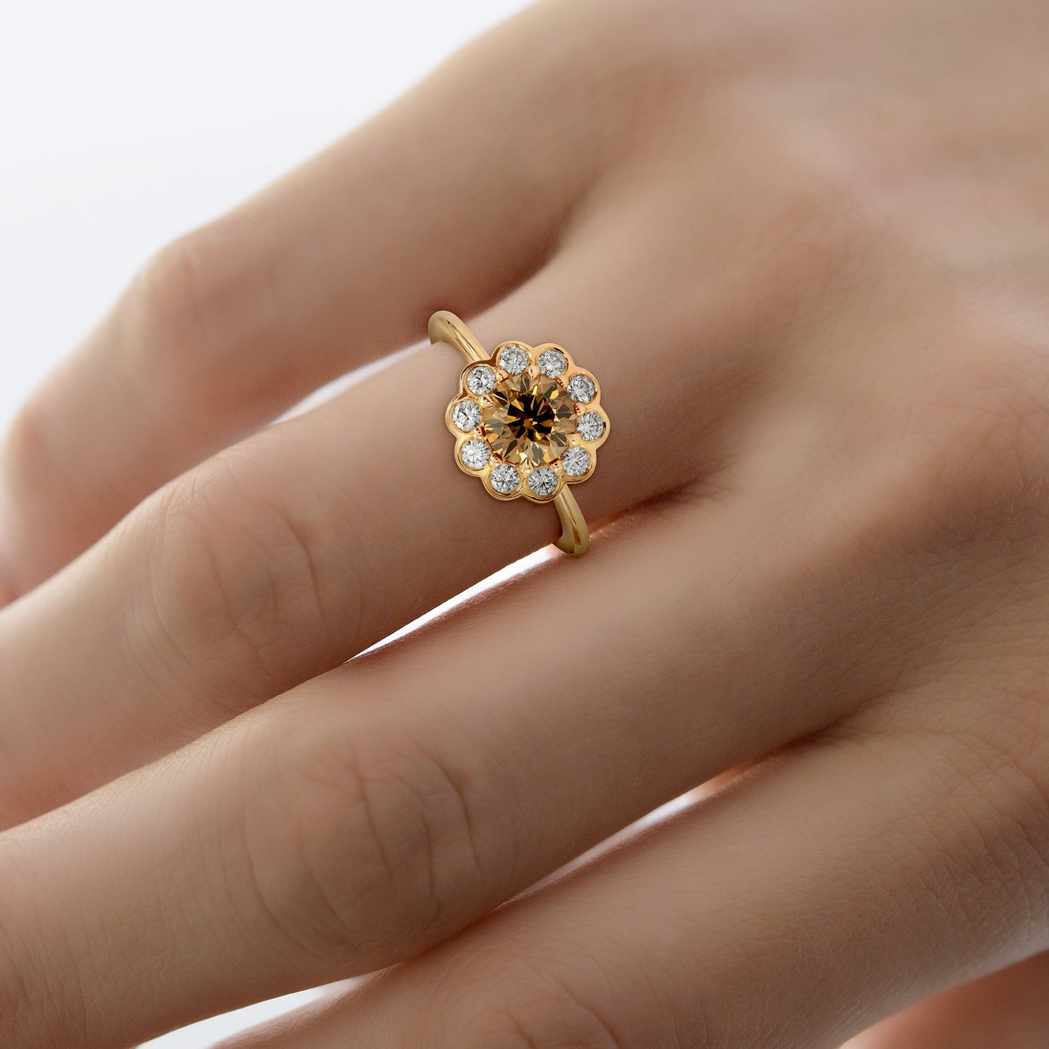 Fancy Dark Orange Brown Round Diamond Floral Halo Ring - Praline Collection