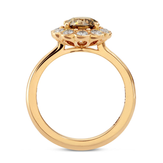 Fancy Dark Orange Brown Round Diamond Floral Halo Ring - Praline Collection