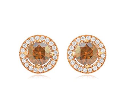 Round Fancy Orange Brown Halo Diamond Earrings