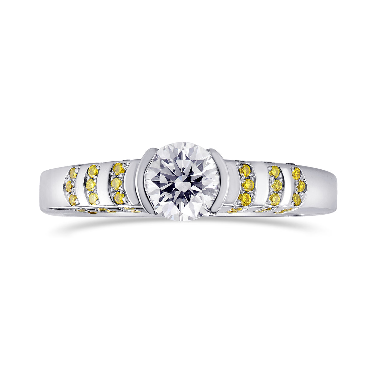 White Round Solitaire Diamond Ring with Yellow Pave