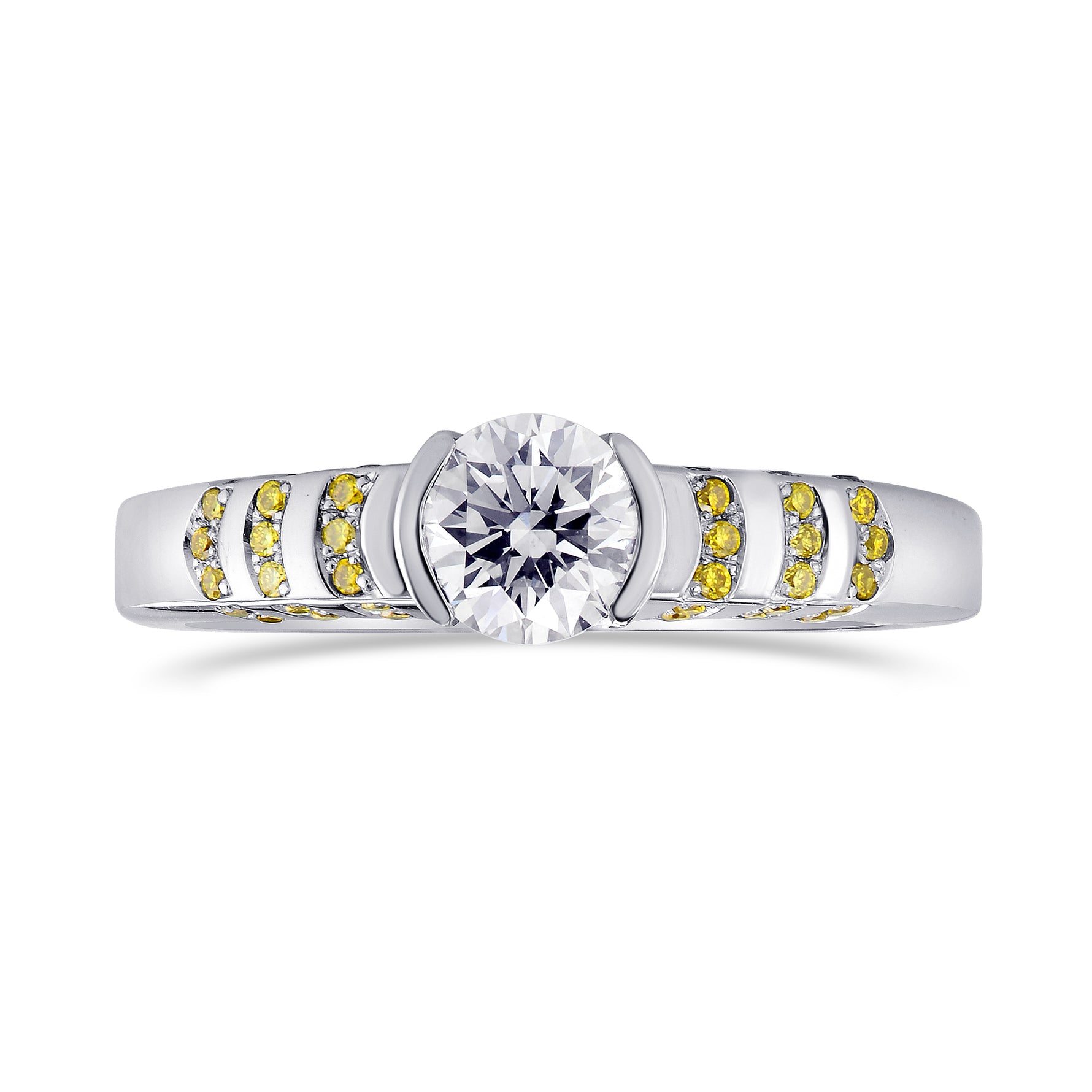 White Round Solitaire Diamond Ring with Yellow Pave