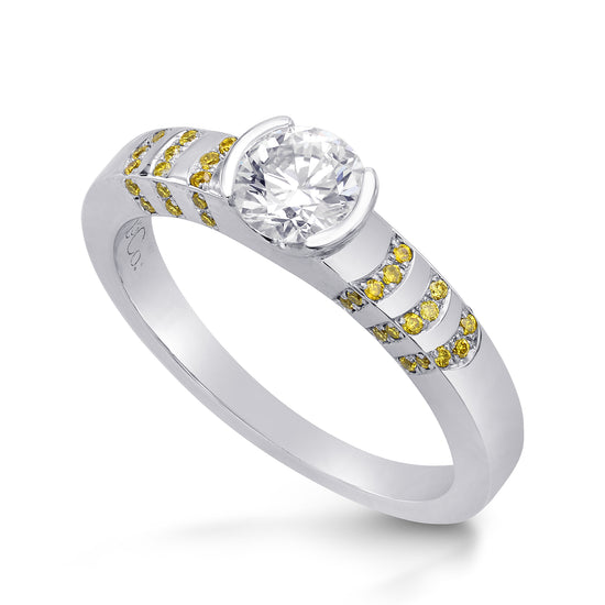 White Round Solitaire Diamond Ring with Yellow Pave