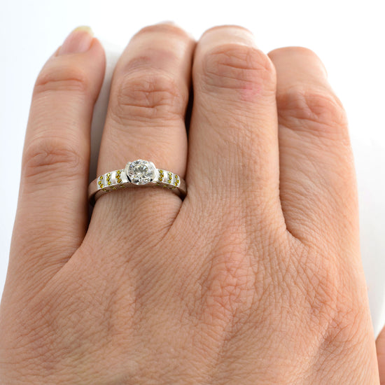 White Round Solitaire Diamond Ring with Yellow Pave