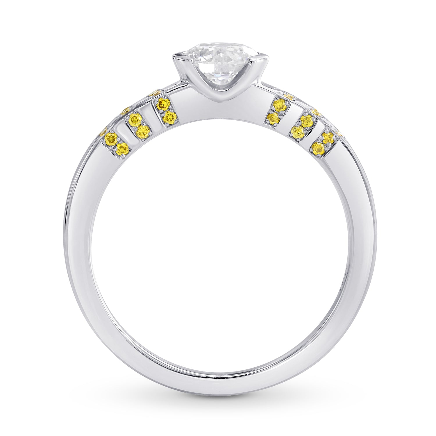 White Round Solitaire Diamond Ring with Yellow Pave