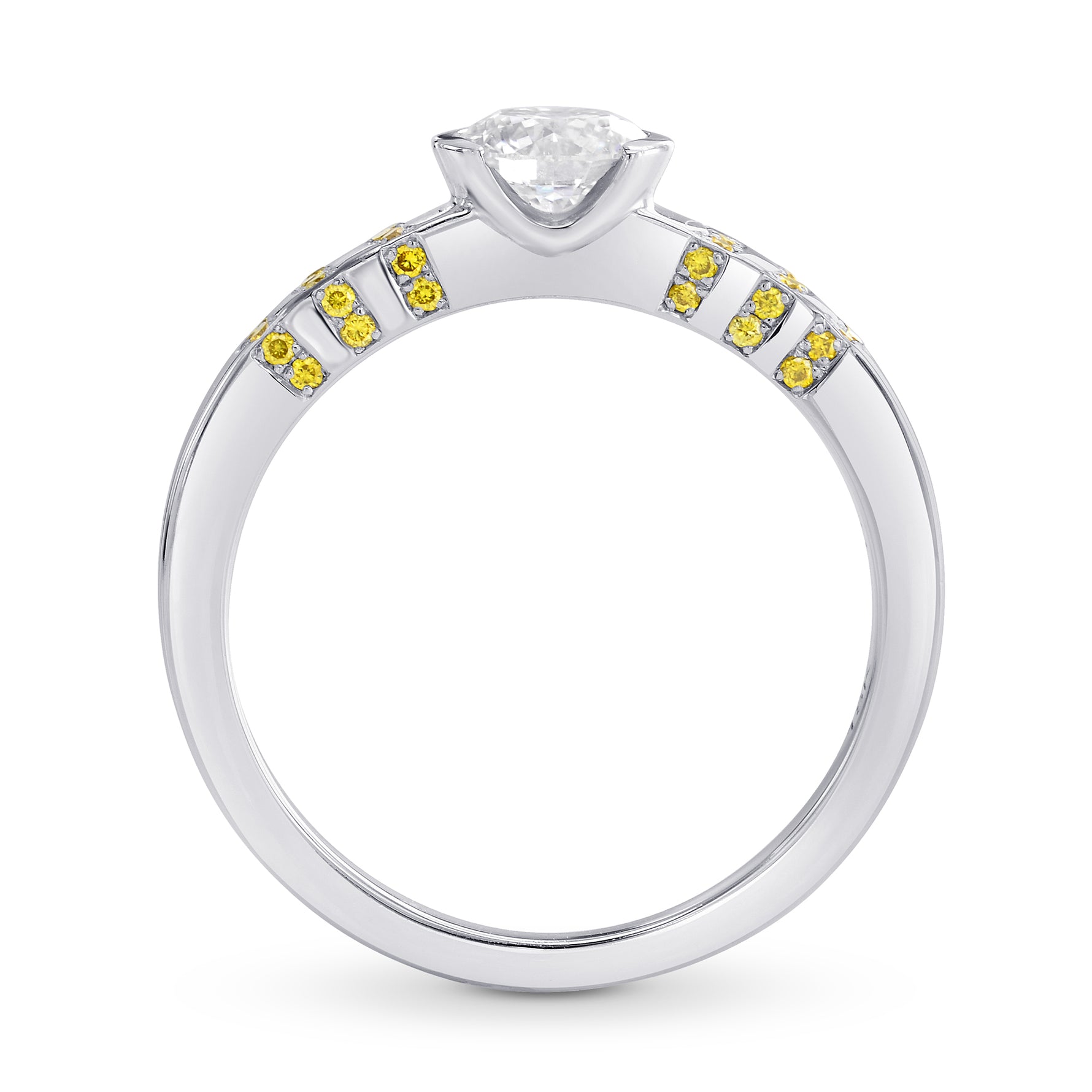 White Round Solitaire Diamond Ring with Yellow Pave